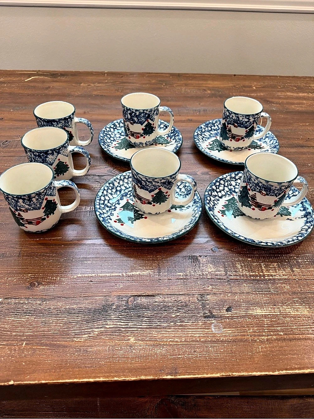 Folk Craft Christmas Snow Christmas Cups & Saucers Set